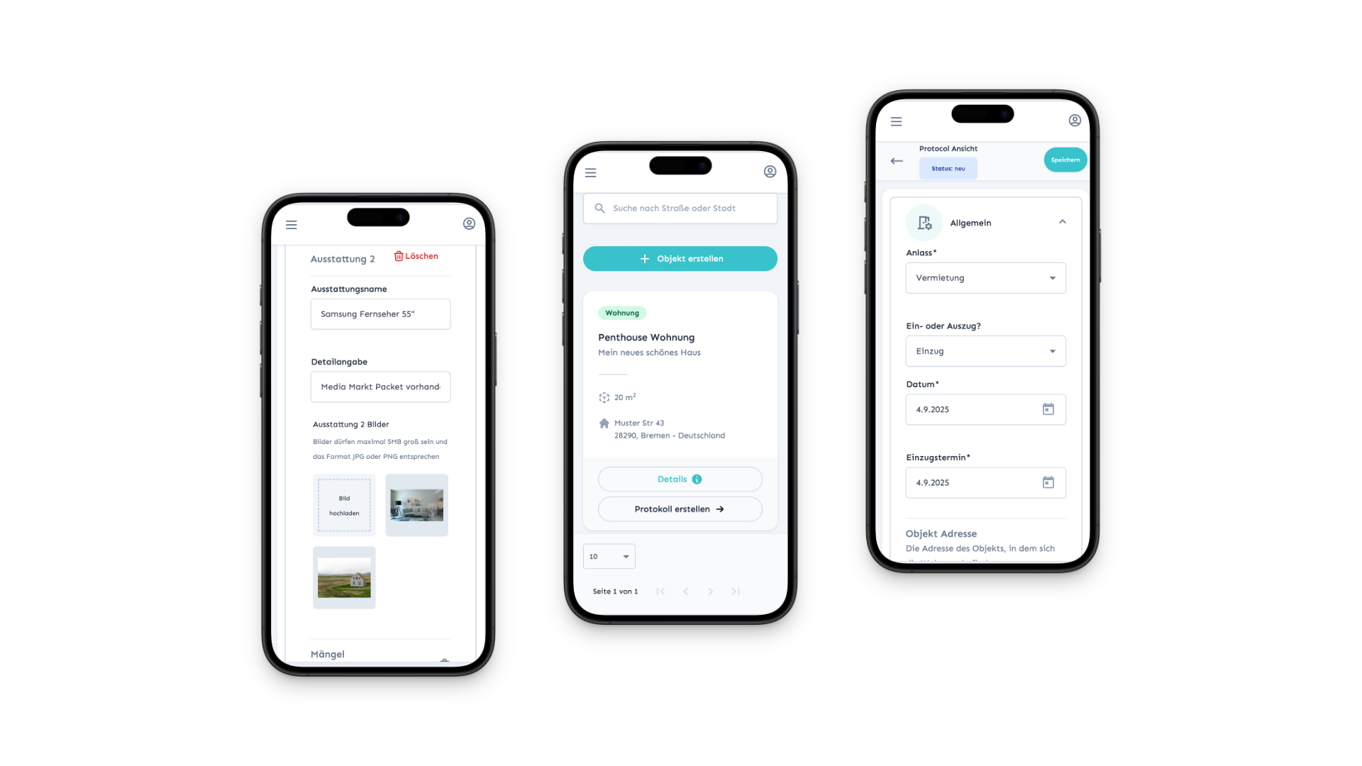 Domudox mobile App – drei Ansichten der Übergabeprotokolle