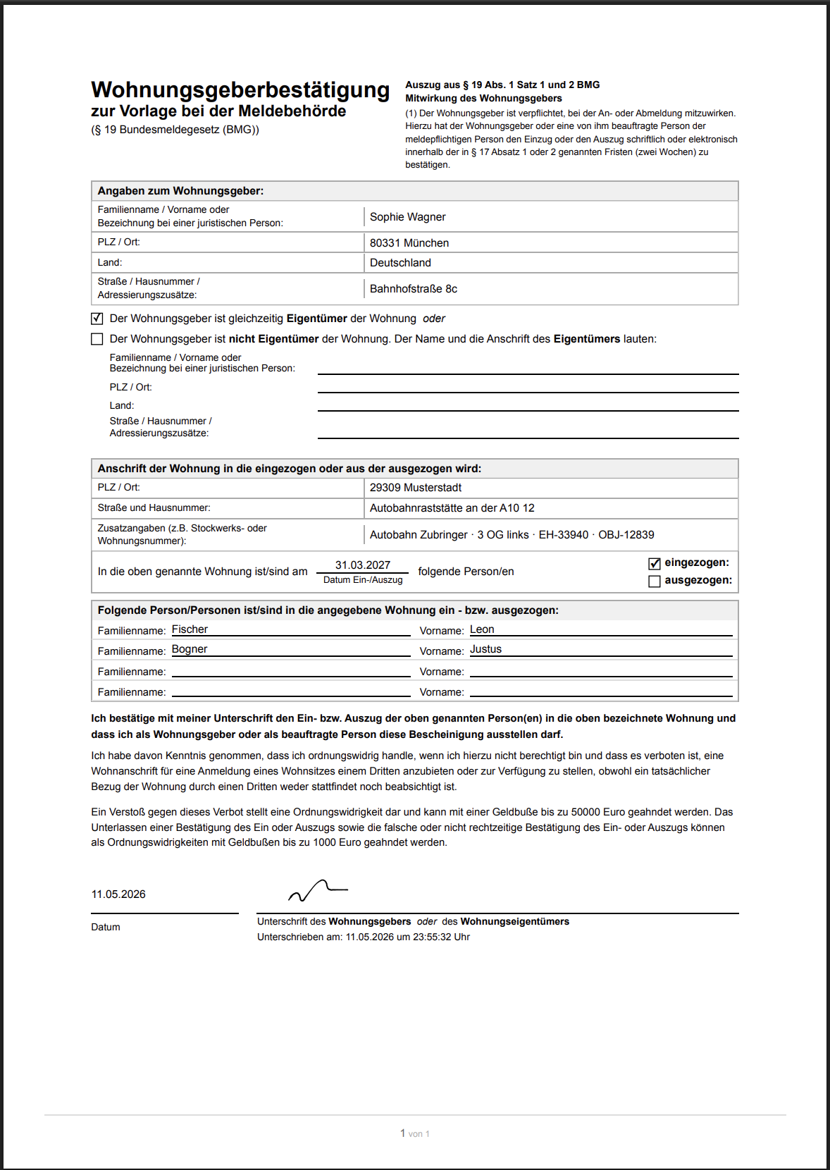 Vorschau der Wohnungsgeberbestätigung in Domudox