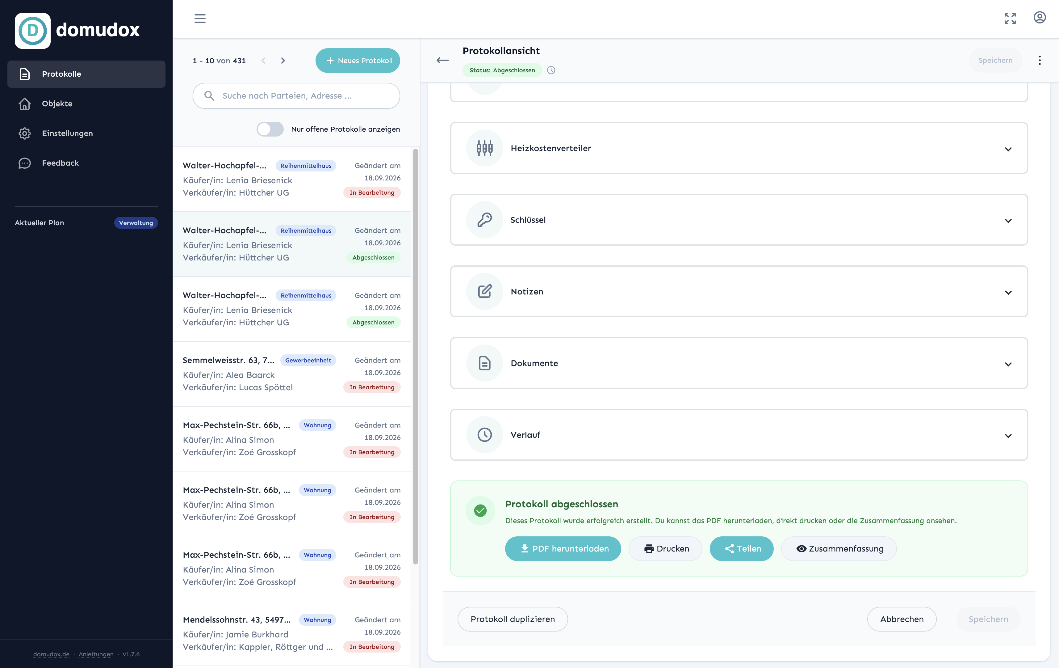Domudox App - Digitale Wohnungsübergabeprotokolle Dashboard