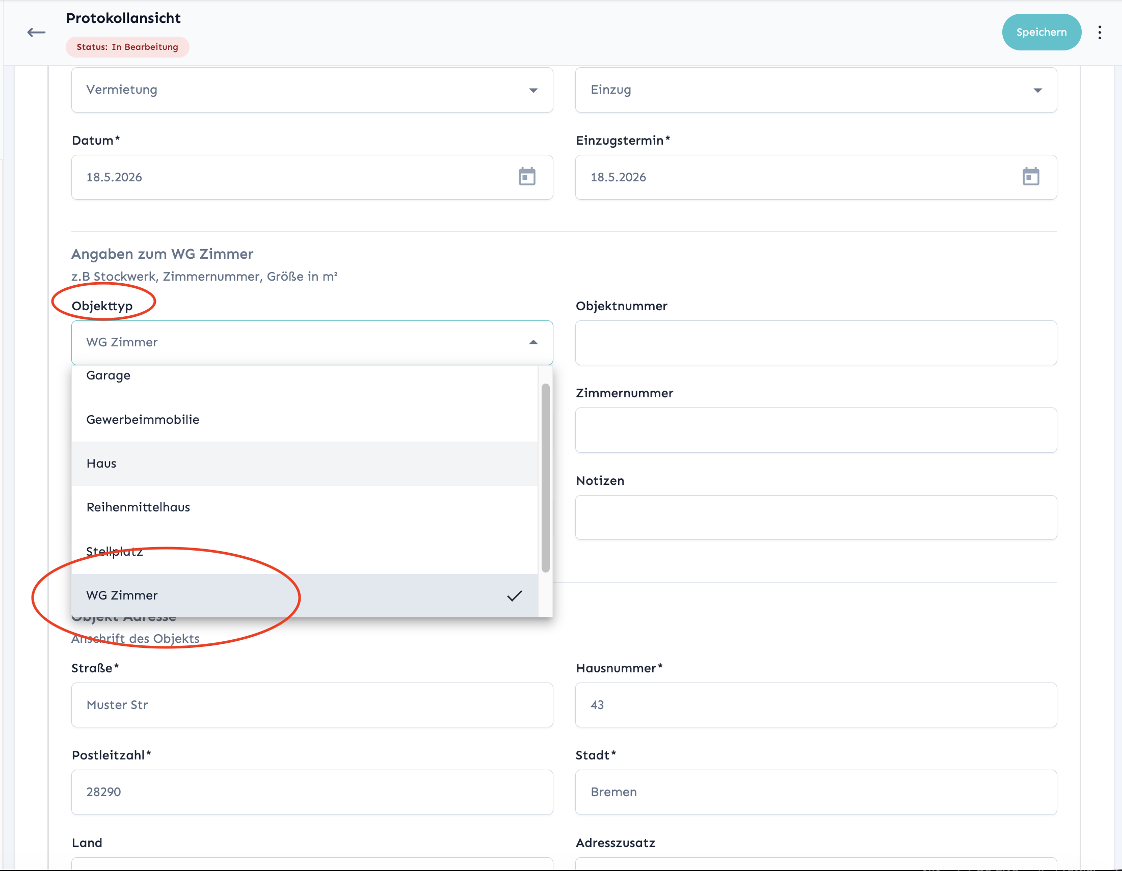 Protokolltyp WG-Zimmer in der Domudox App auswählen